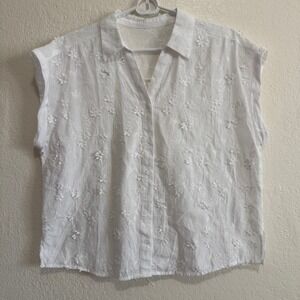 White Floral Embroidered Button Down Sleeveless V-Neck Top Blouse XL